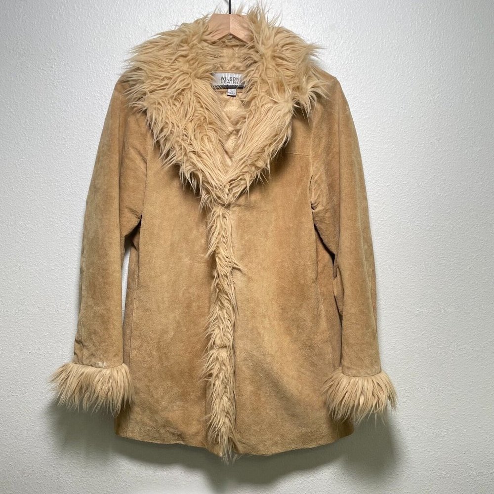 Vintage Wilson's Suede Leather Tan Faux Fur Trim Boho Y2K Coat Jacket Large JLO - Picture 2 of 12